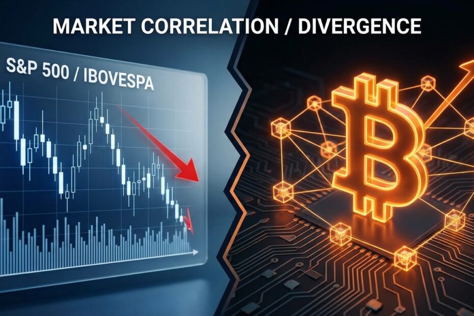 Gráfico comparativo ilustrando a movimentação independente entre Bitcoin e índices do mercado de ações global