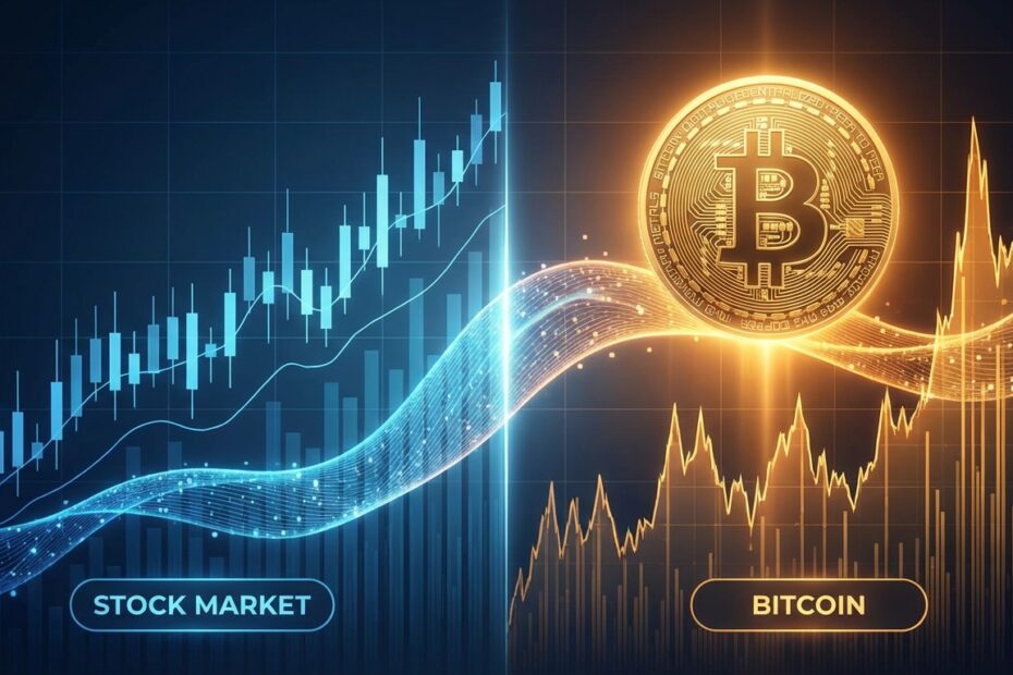 Gráfico comparativo mostrando a correlação defasada entre o mercado de ações e o Bitcoin em 2026