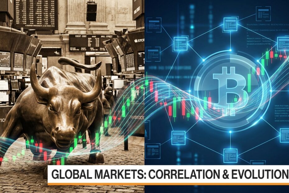 Gráfico financeiro unindo o mercado de ações tradicional e o Bitcoin, simbolizando a correlação de preços.