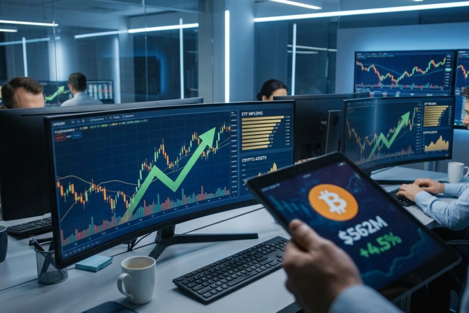 Telas de negociação financeira exibindo gráficos de alta do Bitcoin e dados de ETFs