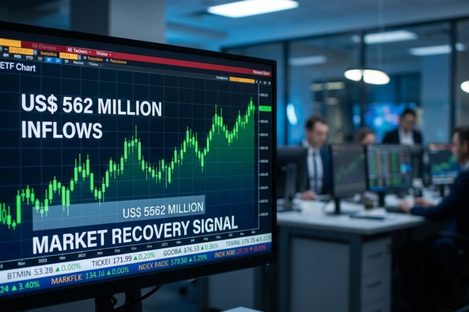 Tela de monitoramento financeiro exibindo gráficos de alta para ETFs de Bitcoin