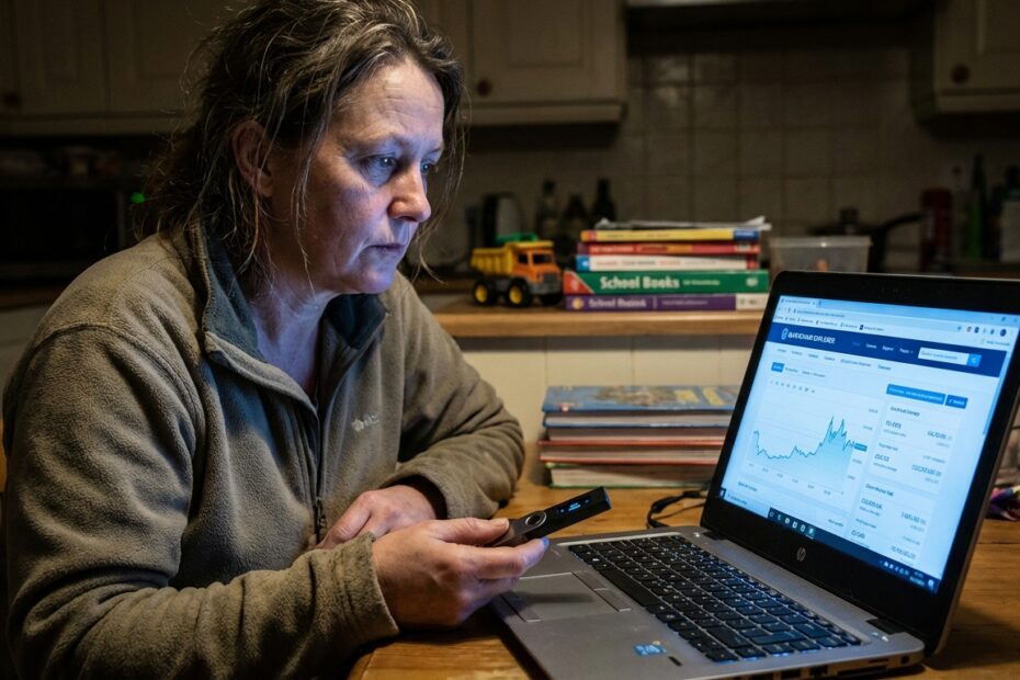 Mulher analisa dados financeiros em laptop em ambiente doméstico segurando carteira de criptomoedas