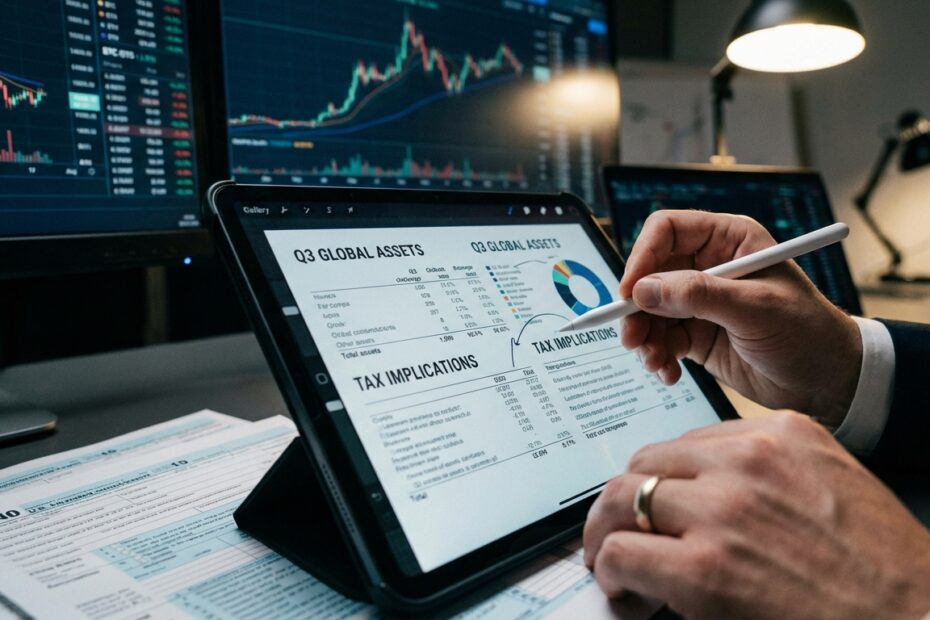 Pessoa analisando documentos fiscais digitais em tablet com gráficos de criptomoedas ao fundo