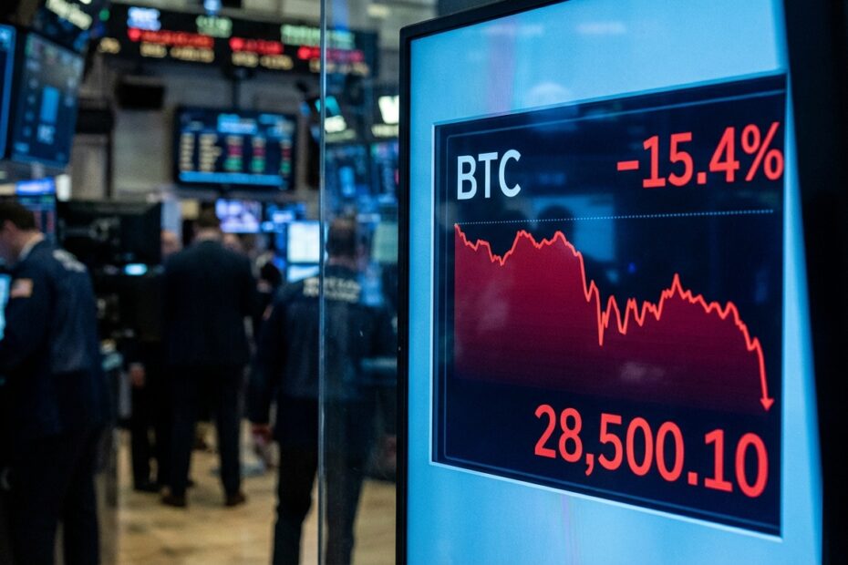 Gráfico do mercado financeiro exibindo queda acentuada no valor do Bitcoin