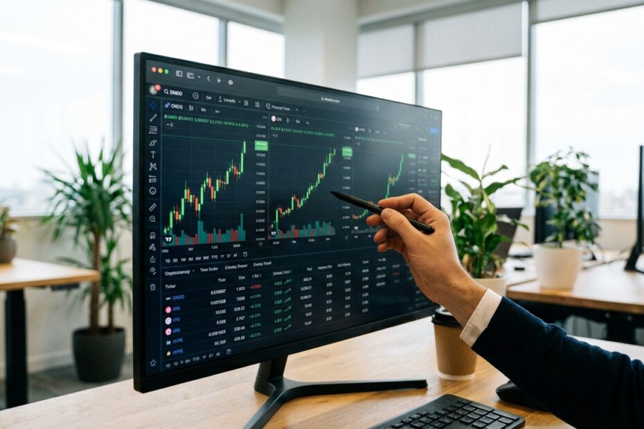 Monitor exibindo gráficos de alta de criptomoedas alternativas em escritório financeiro