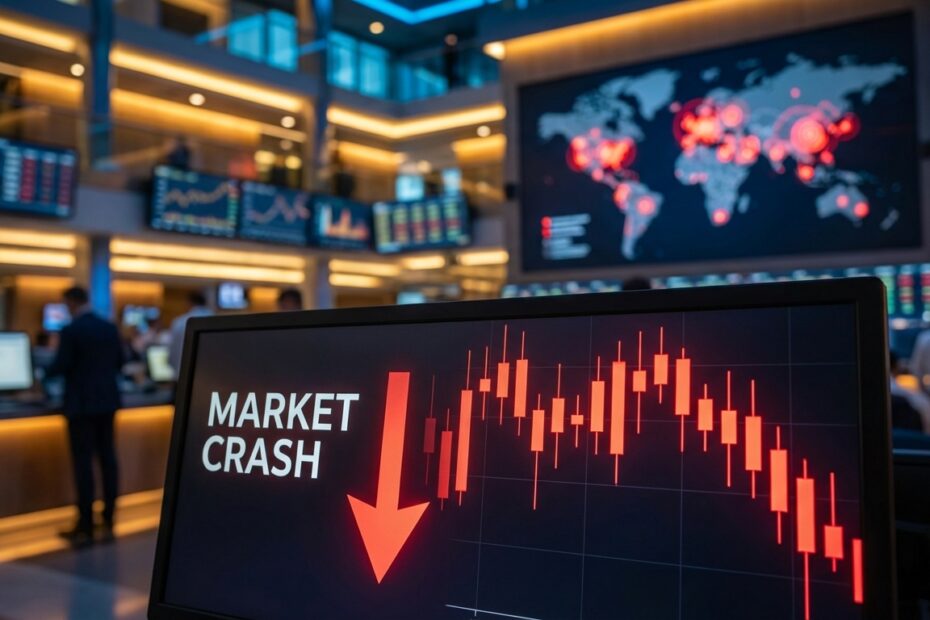 Gráfico de velas vermelhas em monitor financeiro indicando queda no mercado de criptomoedas