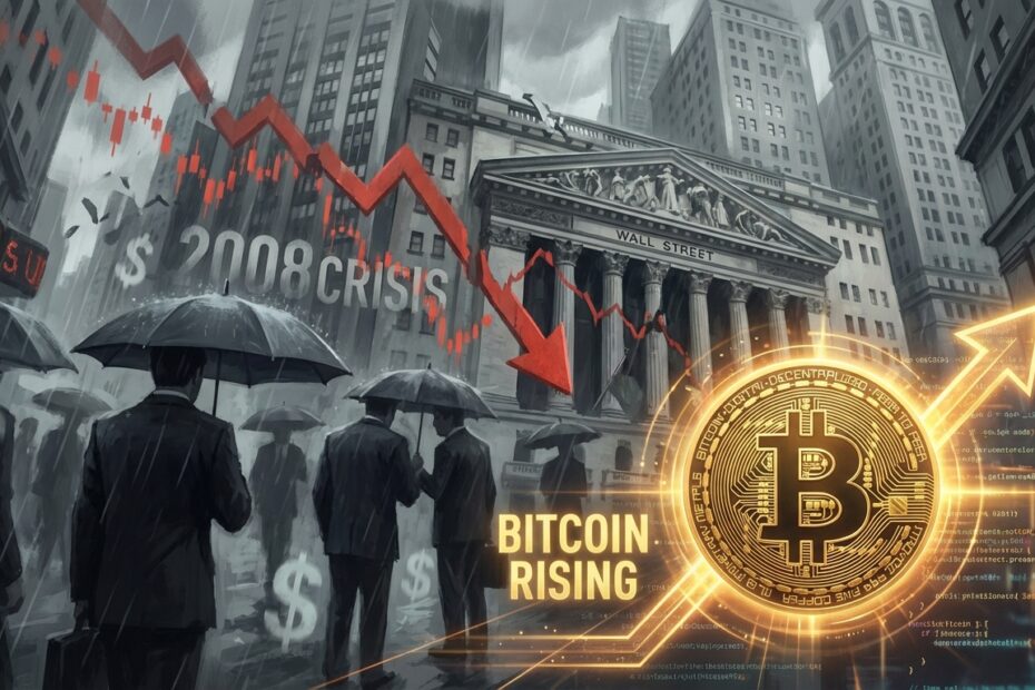 Ilustração do surgimento do Bitcoin em contraste com a crise financeira de 2008