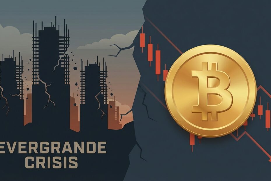 Ilustração de arranha-céus chineses e gráfico de queda do Bitcoin representando a crise imobiliária.