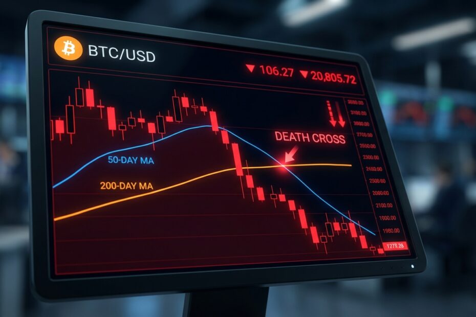 Gráfico financeiro do Bitcoin exibindo o padrão técnico cruz da morte