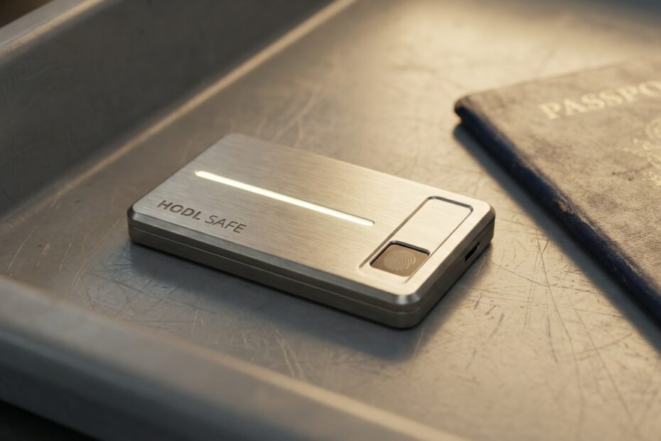 Hard wallet de criptomoedas em bandeja de segurança de aeroporto ao lado de passaporte