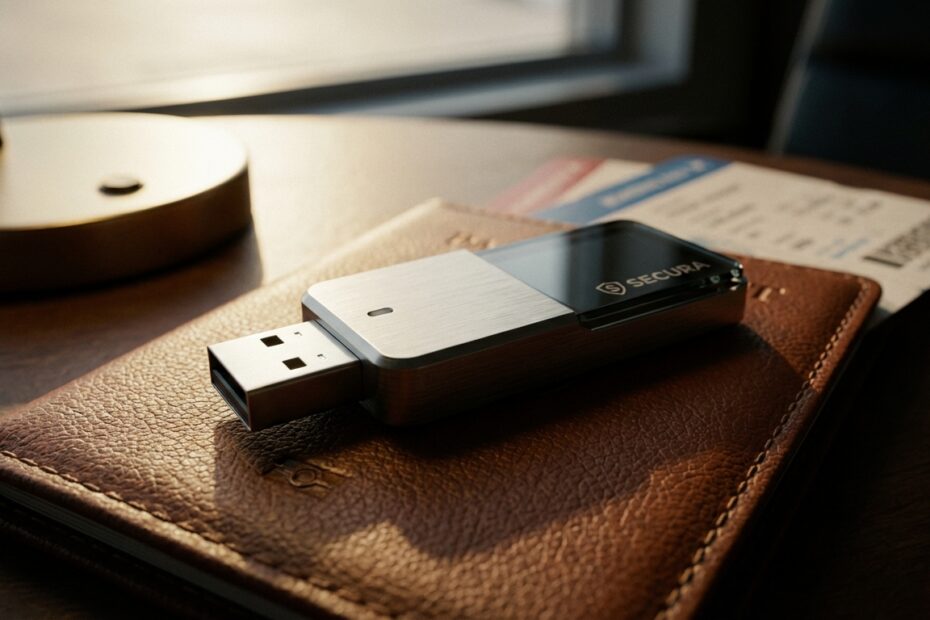 Hard wallet posicionada sobre passaporte e cartão de embarque para viagem internacional