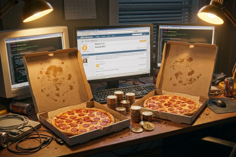 Duas caixas de pizza abertas ao lado de moedas Bitcoin simbólicas em uma mesa de computador