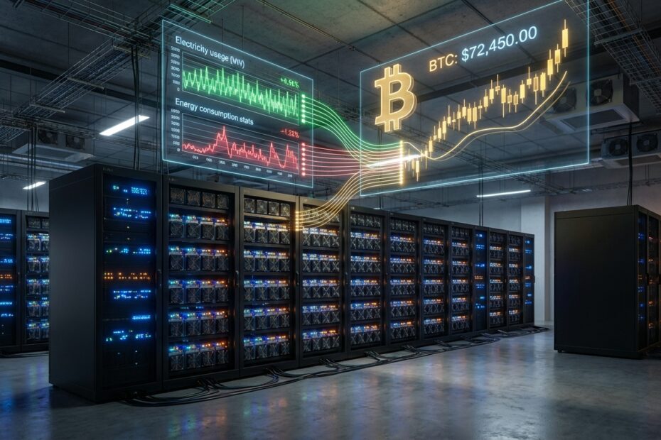 Data center de mineração de Bitcoin com gráficos digitais de energia e valorização