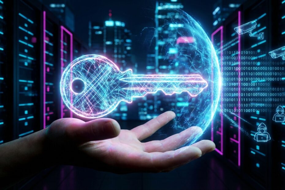 Chave criptográfica criando um escudo de proteção de dados contra vigilância bancária