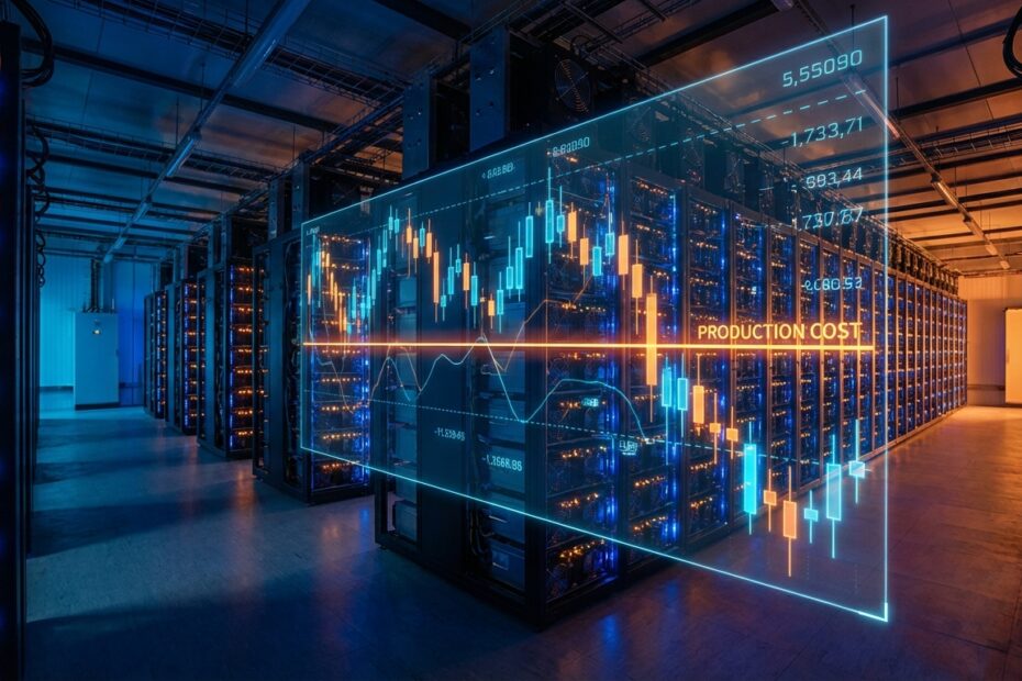 Fazenda de mineração de Bitcoin com gráfico holográfico mostrando preço abaixo do custo de produção