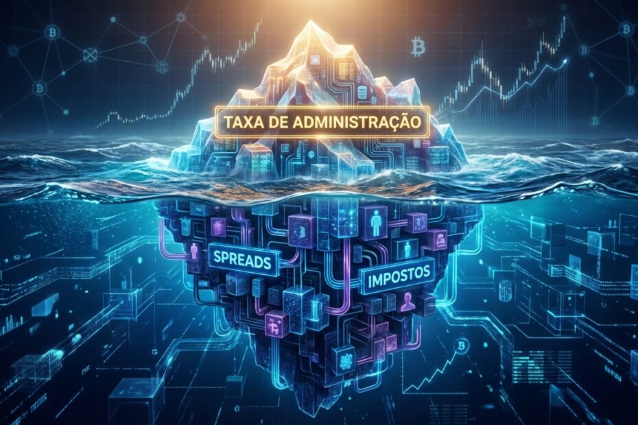 Ilustração de um iceberg financeiro representando os custos visíveis e ocultos de um ETF de criptoativos.