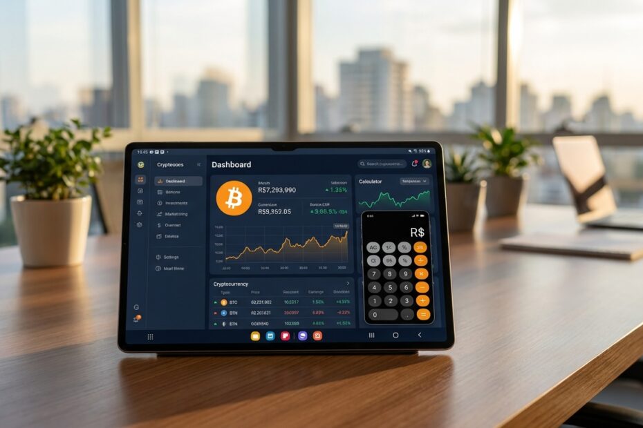 Tablet exibindo gráficos de Bitcoin e calculadora de taxas em escritório moderno