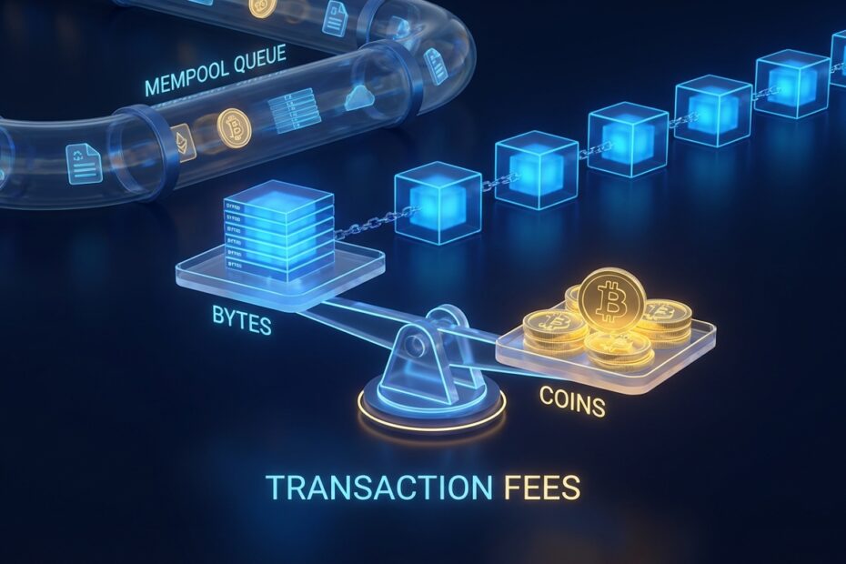 Ilustração 3D mostrando o funcionamento das taxas de transação na rede Bitcoin baseadas em dados