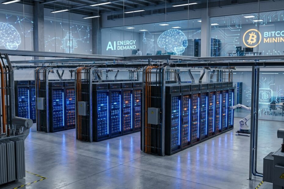 Data center de mineração de Bitcoin com equipamentos de alta tecnologia e iluminação LED