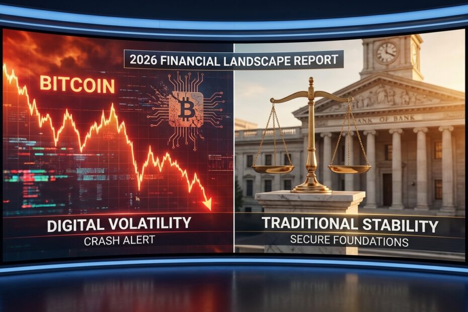 Gráfico de Bitcoin em queda comparado à estabilidade do ouro e sistema bancário em 2026