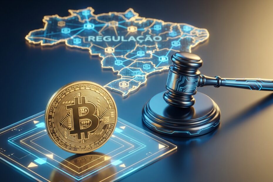 Ilustração conceitual de um Bitcoin dourado ao lado de um martelo de juiz futurista, representando a regulamentação no Brasil.