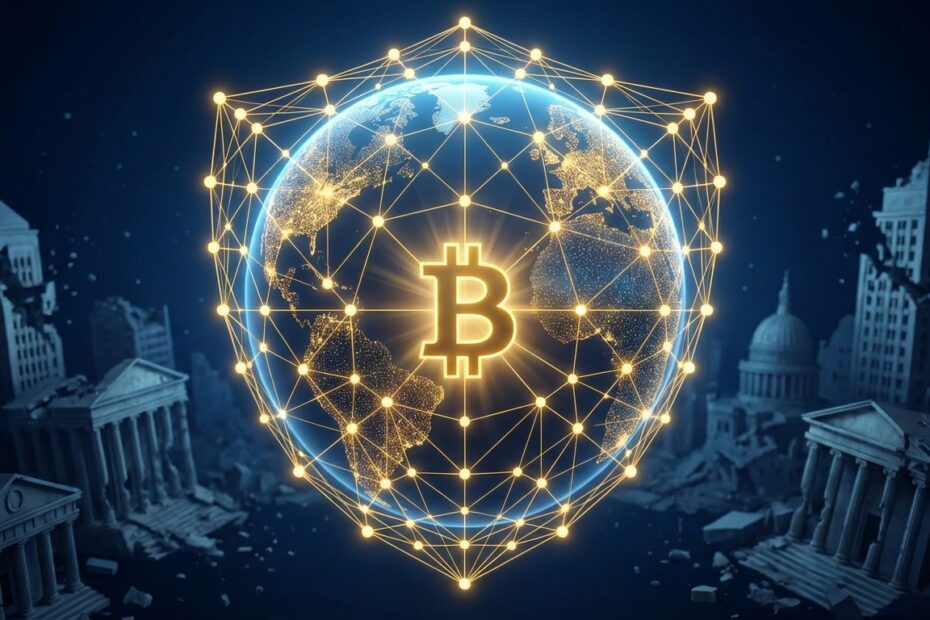 Representação gráfica da rede descentralizada do Bitcoin garantindo segurança e valor