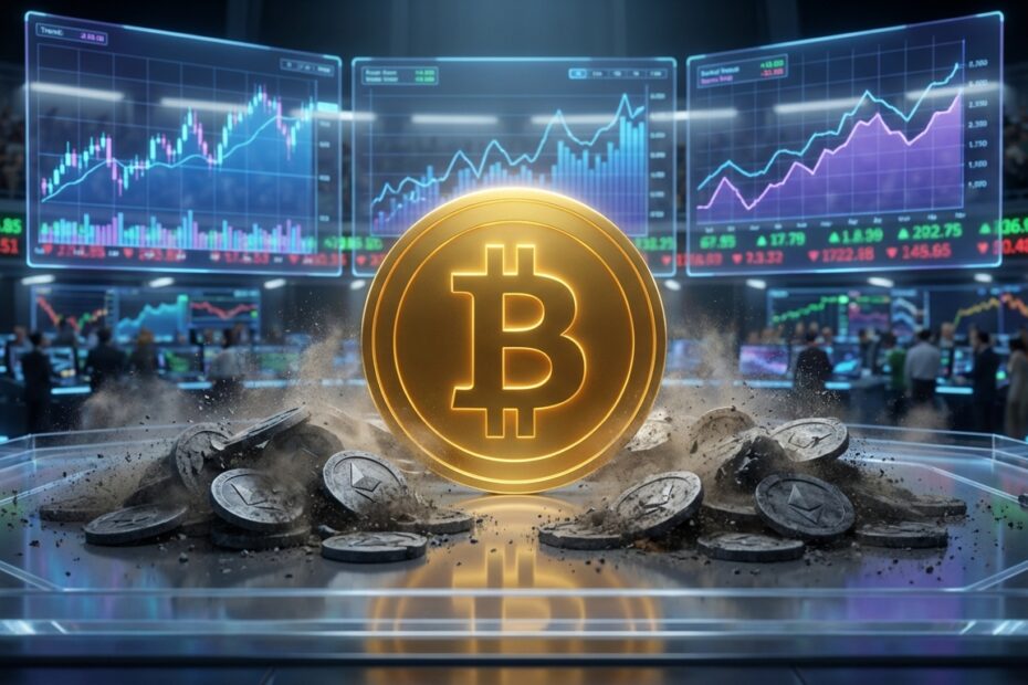 Bitcoin dourado sólido cercado por moedas digitais quebradas em gráfico de mercado financeiro de 2026