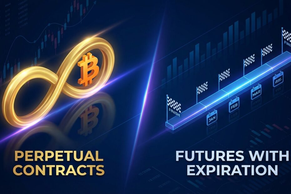 Comparação visual entre contratos perpétuos de Bitcoin com símbolo de infinito e contratos futuros com linha do tempo de vencimento