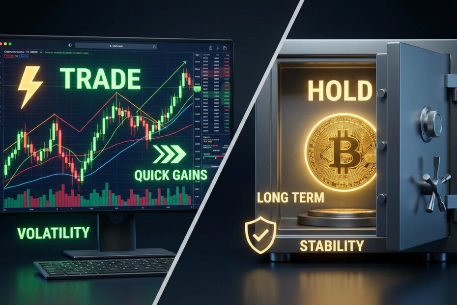 Comparação visual entre gráficos de day trade e cofre de segurança para hold de Bitcoin.