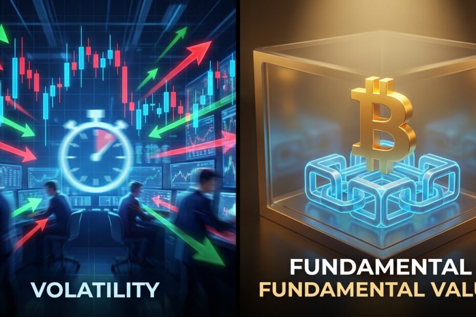 Comparação visual entre a volatilidade dos gráficos de trading e a solidez dos fundamentos do Bitcoin