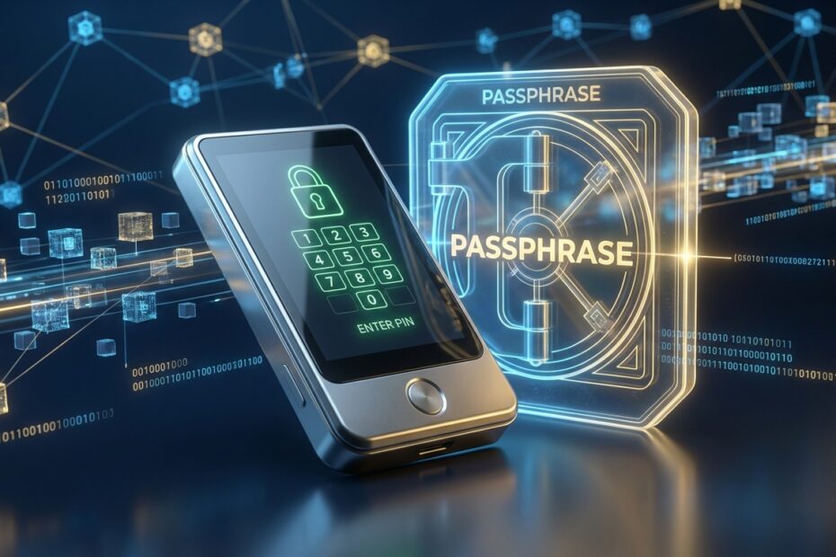 Ilustração 3D de uma hardware wallet mostrando as camadas de segurança: bloqueio por PIN e a proteção oculta da passphrase.
