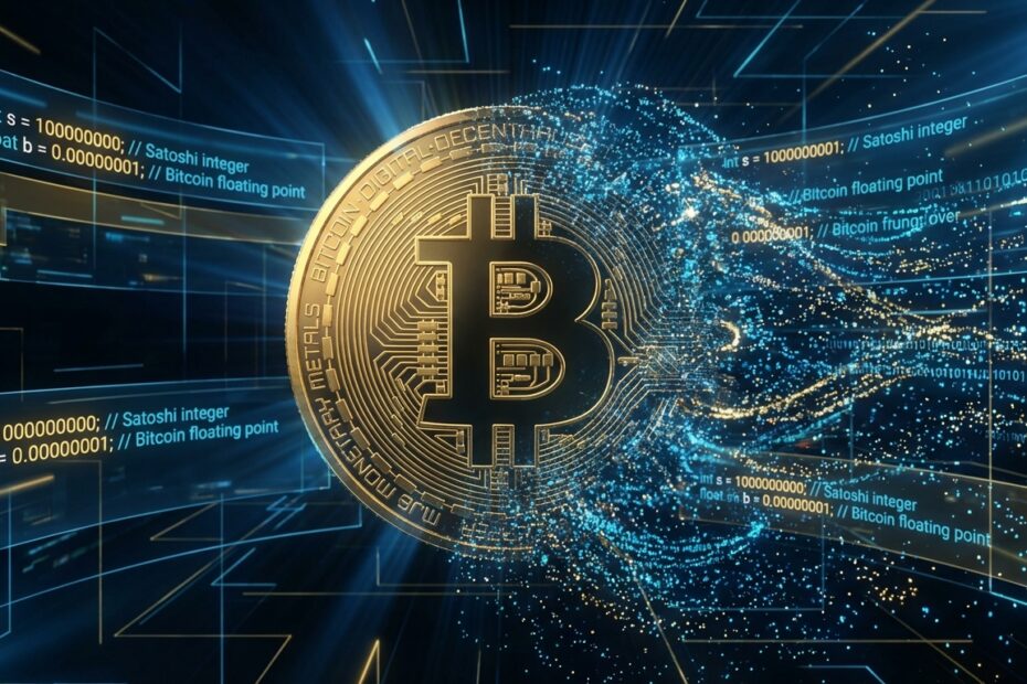Ilustração 3D mostrando a divisibilidade técnica do Bitcoin em milhões de satoshis