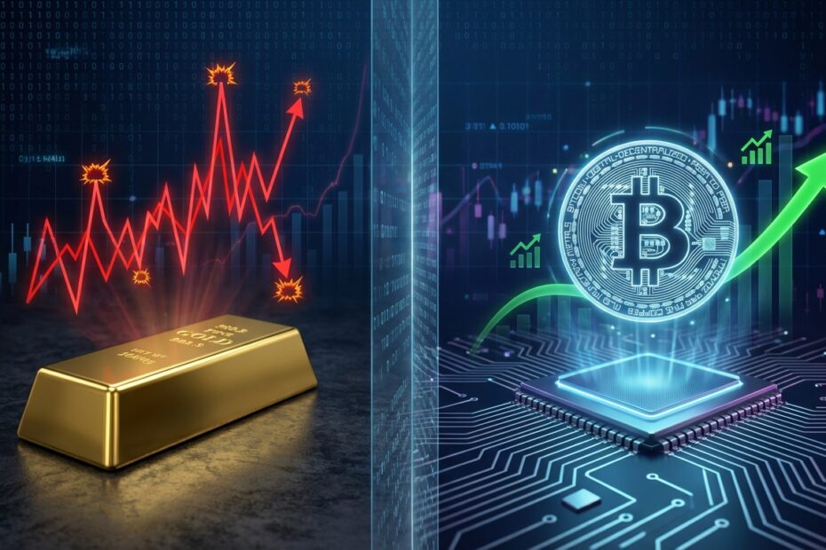 Gráfico comparativo ilustrando a volatilidade do ouro versus a tendência de valorização do Bitcoin a longo prazo.