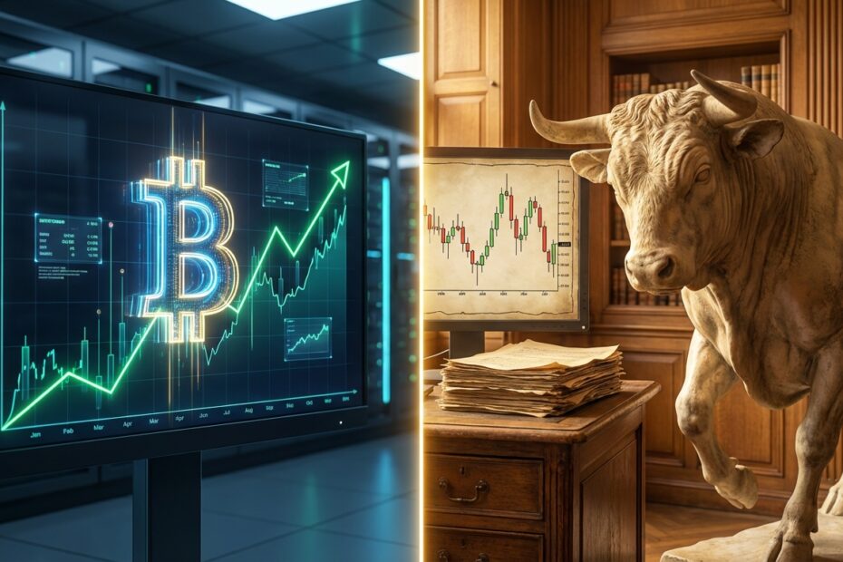 Comparativo visual entre o crescimento digital do Bitcoin e os gráficos tradicionais do mercado de ações.