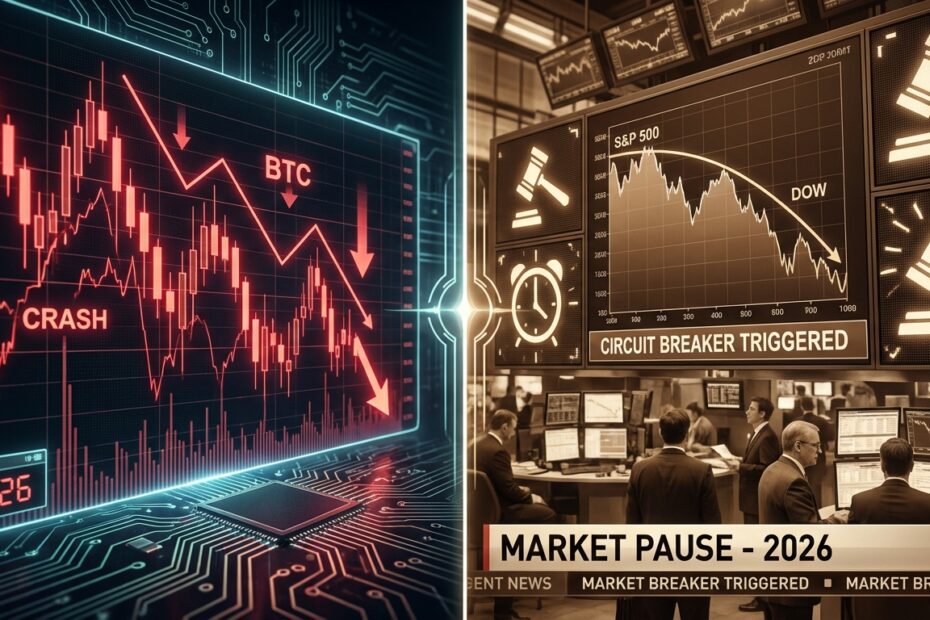 Gráfico comparativo digital ilustrando a volatilidade do Bitcoin versus a estabilidade relativa do mercado de ações durante crises