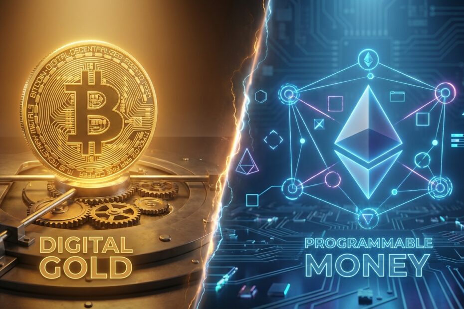 Ilustração comparativa lado a lado: Bitcoin como ouro digital e Ethereum como rede tecnológica conectada.