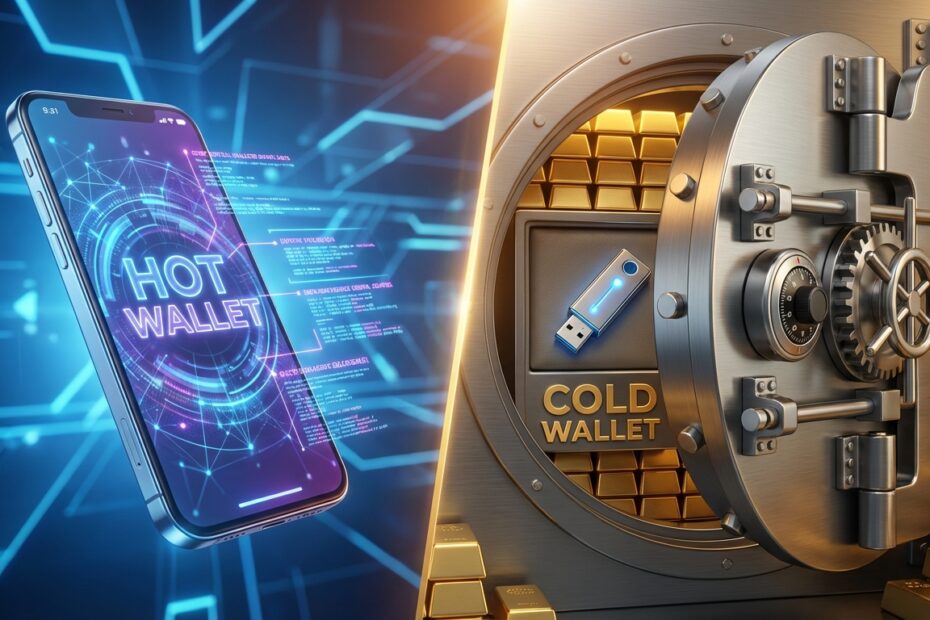 Comparação visual entre carteira quente no celular e carteira fria de hardware em um cofre