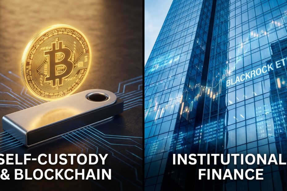 Comparativo visual entre custódia direta de Bitcoin e investimento via ETF institucional