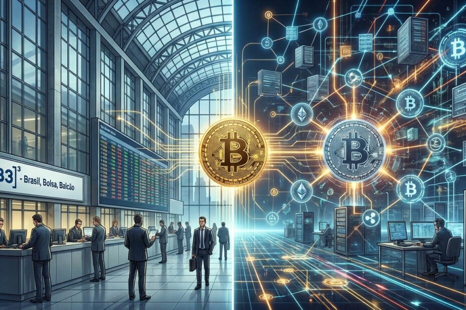 Comparativo visual entre a estrutura da B3 e exchanges de criptomoedas para futuros de Bitcoin