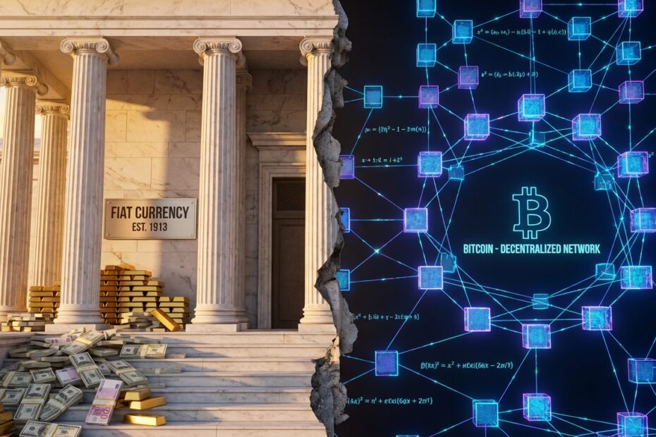 Ilustração dividida comparando pilhas de dinheiro fiduciário tradicional com a rede digital descentralizada do Bitcoin.