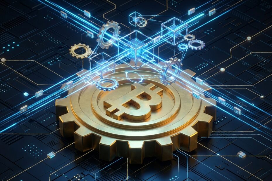 Ilustração 3D futurista representando a escalabilidade do Bitcoin e soluções de segunda camada