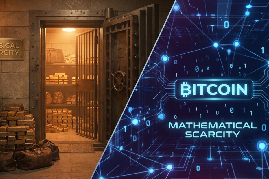 Ilustração dividida comparando barras de ouro físicas antigas com uma rede digital futurista de Bitcoin