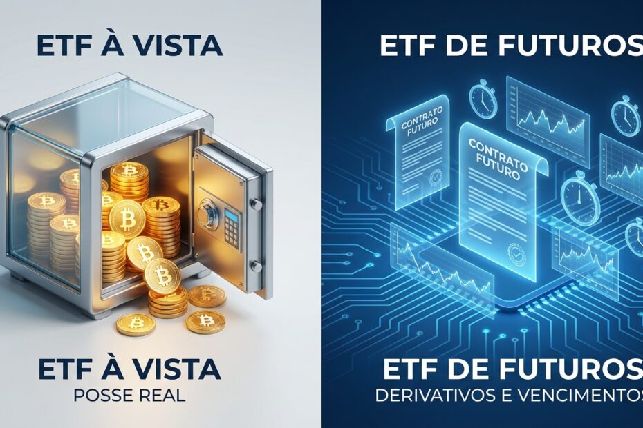 Comparativo visual entre cofre digital com bitcoins para ETF à vista e contratos holográficos para ETF de futuros