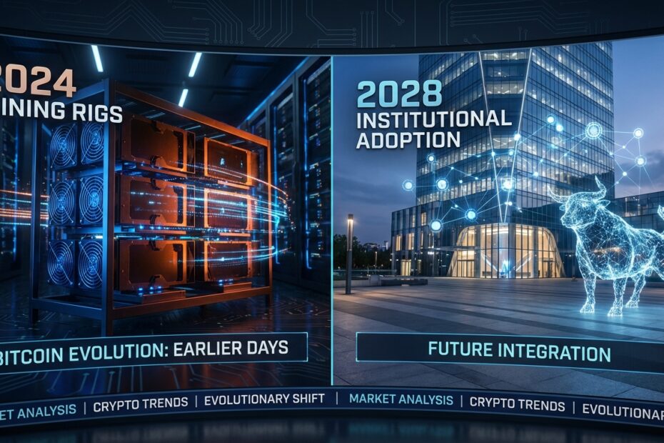 Comparação visual entre a mineração técnica de 2024 e a adoção institucional do Bitcoin em 2028