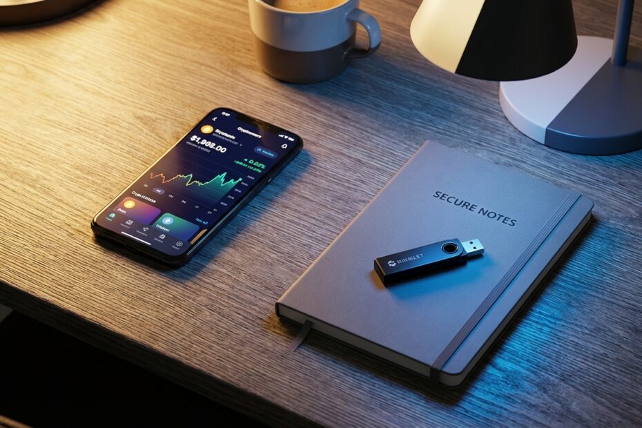 Comparativo visual entre um smartphone com hot wallet e um dispositivo de hardware wallet sobre uma mesa de escritório.