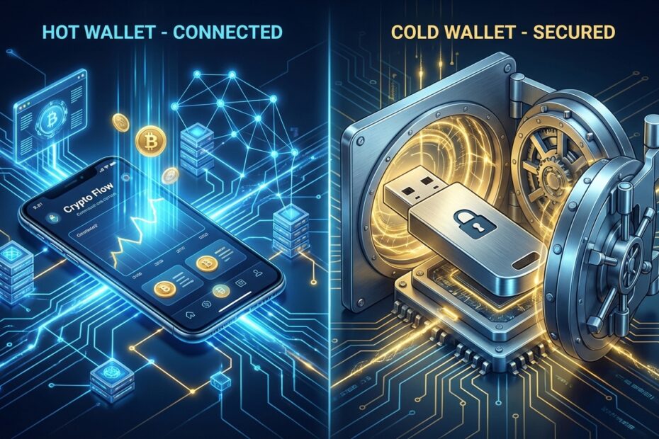 Comparação visual entre uma hot wallet digital no celular e uma cold wallet física segura