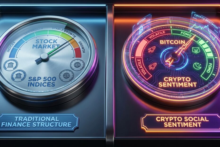 Comparativo visual entre o índice de medo e ganância tradicional e o de criptomoedas