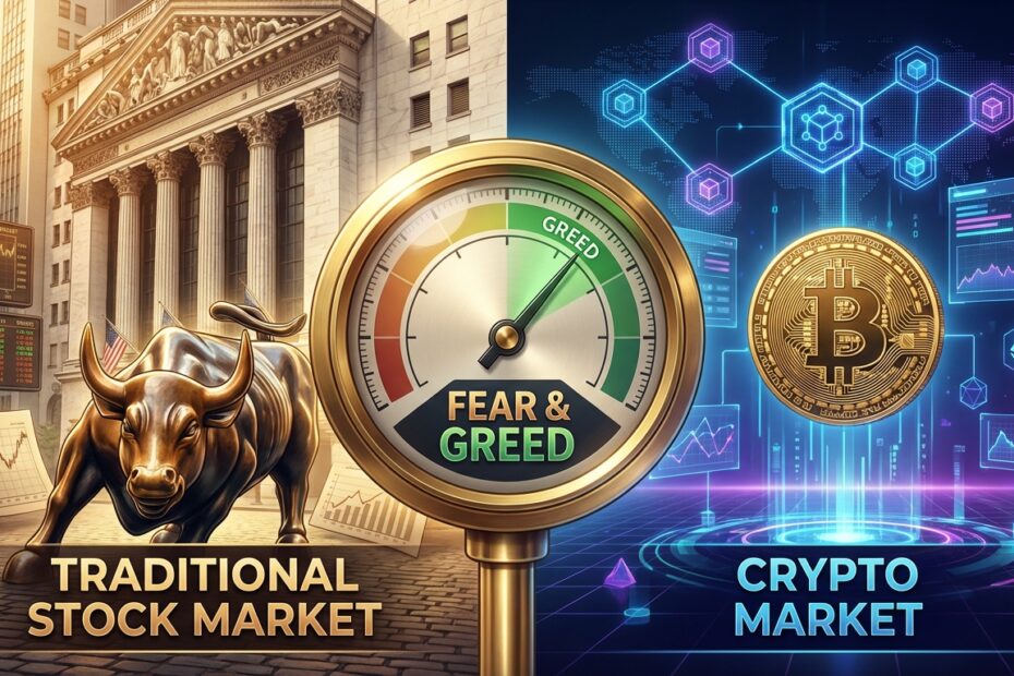 Comparativo visual entre o mercado de ações tradicional e o mercado de criptomoedas com medidor de sentimento no centro.