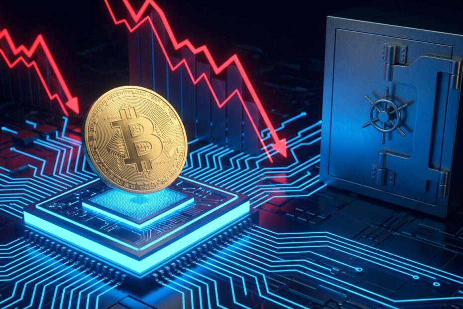 Ilustração 3D de Bitcoin sobre circuitos de IA representando economia deflacionária