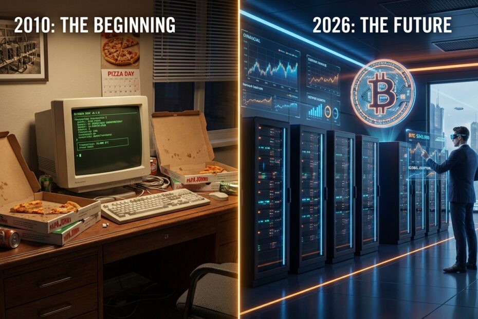 Comparação visual entre a compra das pizzas com Bitcoin em 2010 e a tecnologia financeira atual